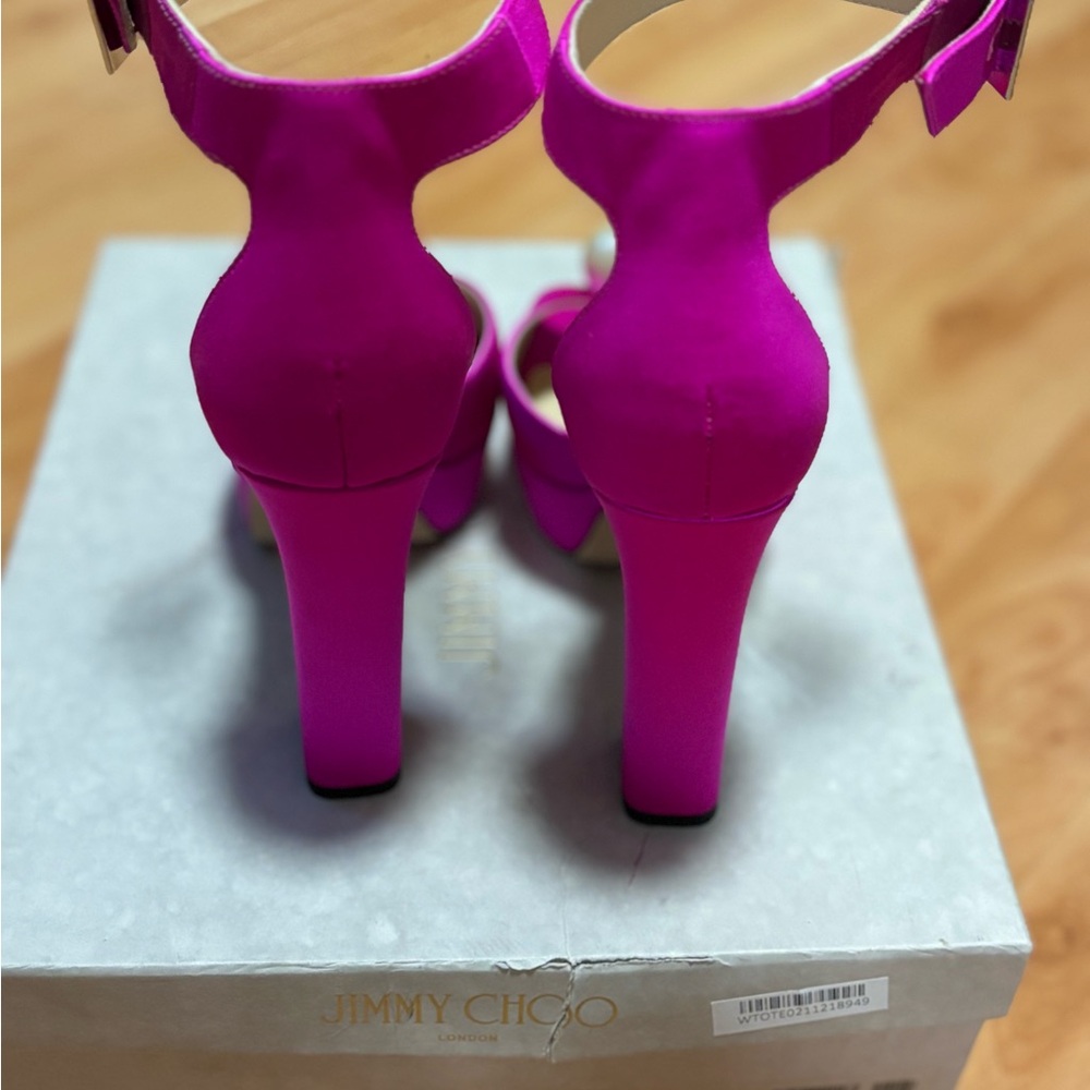 Jimmy Choo Pink Satin Heels with Pearl Detail - Picture 2 of 8